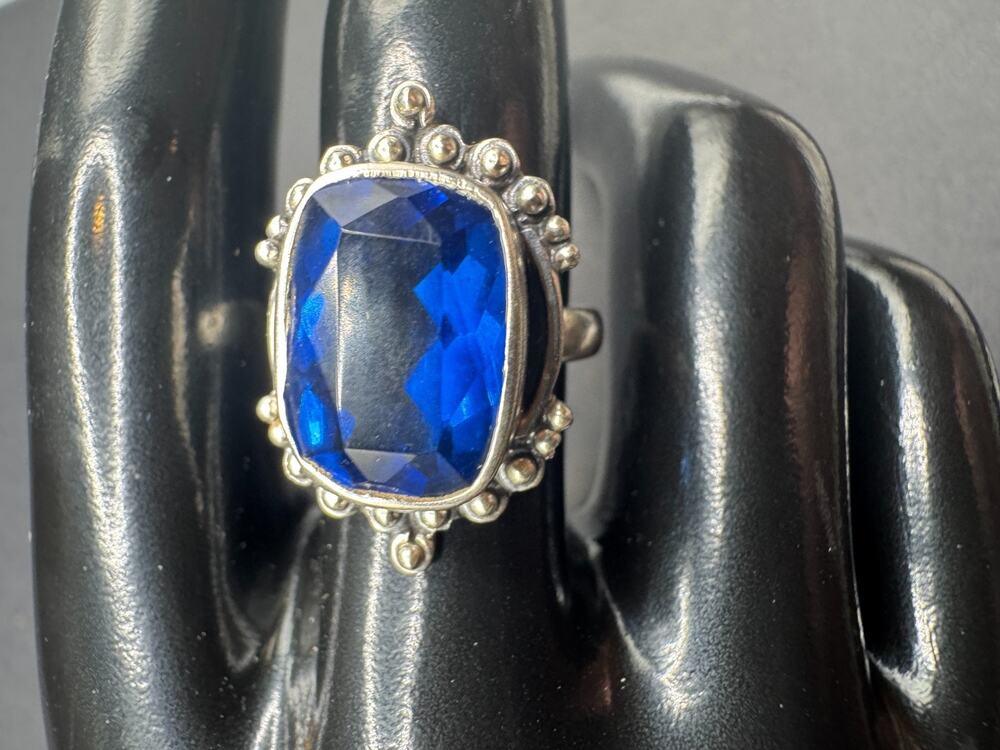 Vintage Faceted Blue Sapphire 925 Sterling Silver Statement Ring Sz 7.25